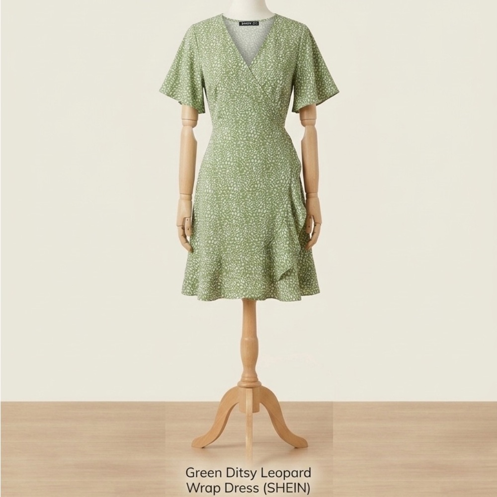 SHEIN Light Green Ditsy Wrap Midi Dress